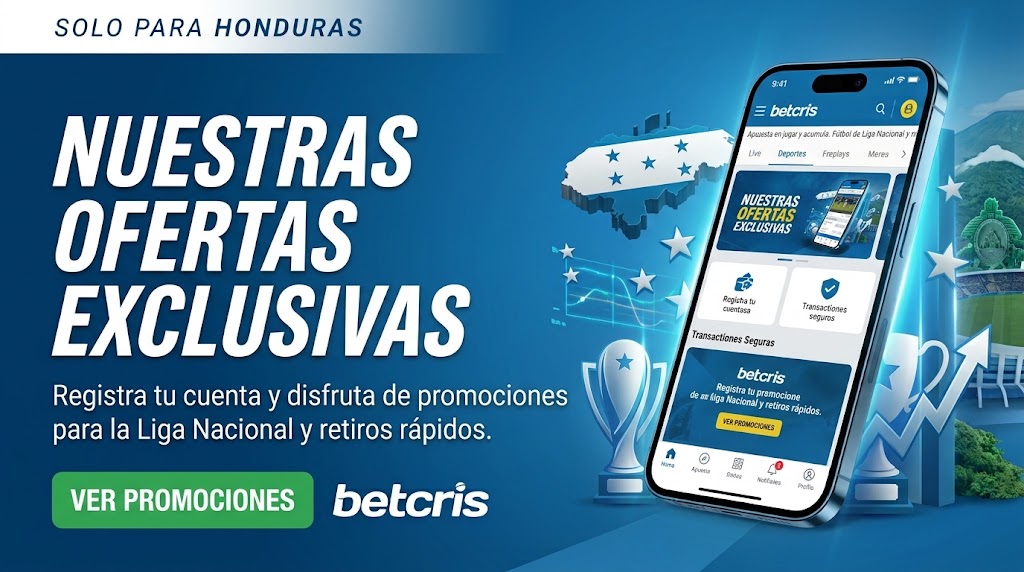 Promoción de la Betcris app en Honduras con un teléfono que muestra el menú de ofertas, registro y transacciones